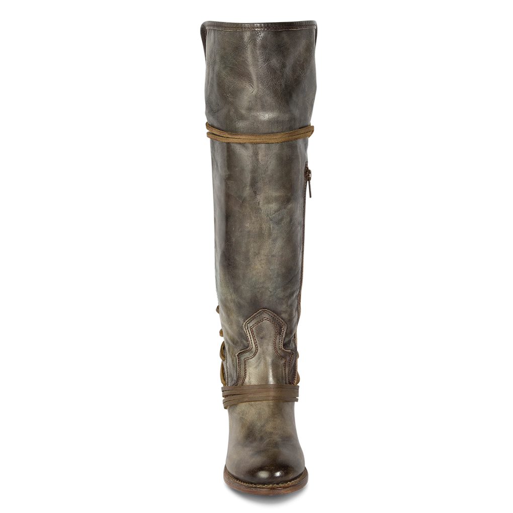 Front view showing shaft stitch detailing and wrap around lacing on FREEBIRD women's Coal green snake multi tall boot