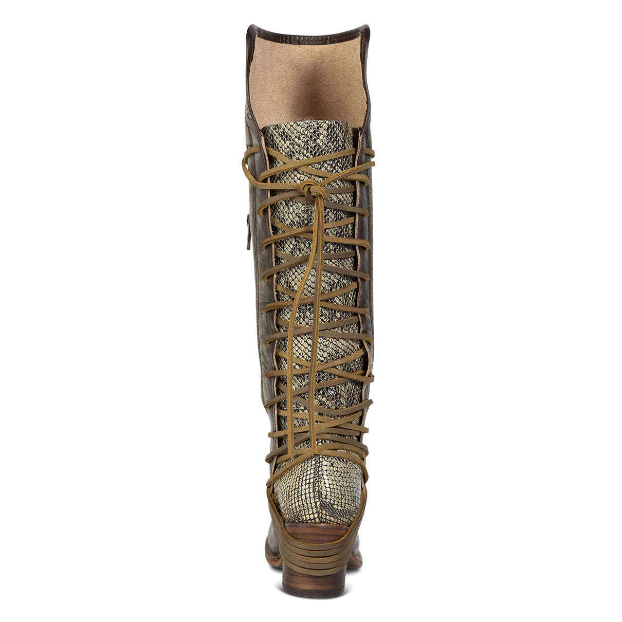 Back view showing expandable panel with adjustable leather lacing on FREEBIRD women's Coal green snake multi tall boot