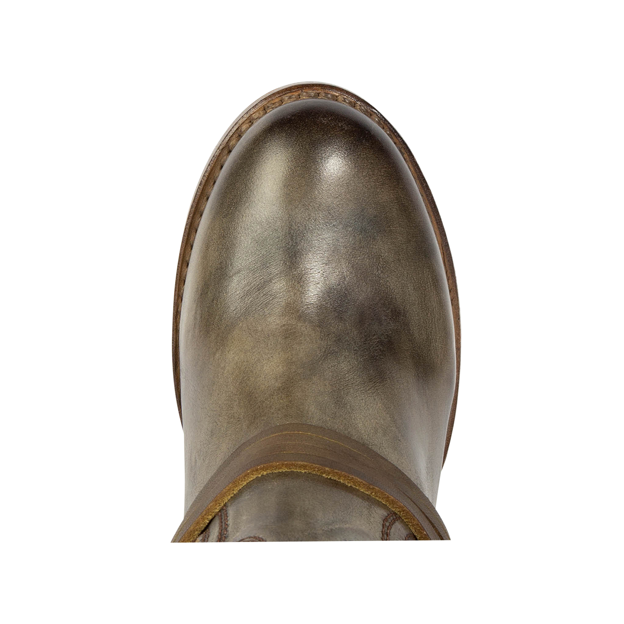 Top view showing round toe and leather ankle lacing on FREEBIRD women's Coal green snake multi tall boot