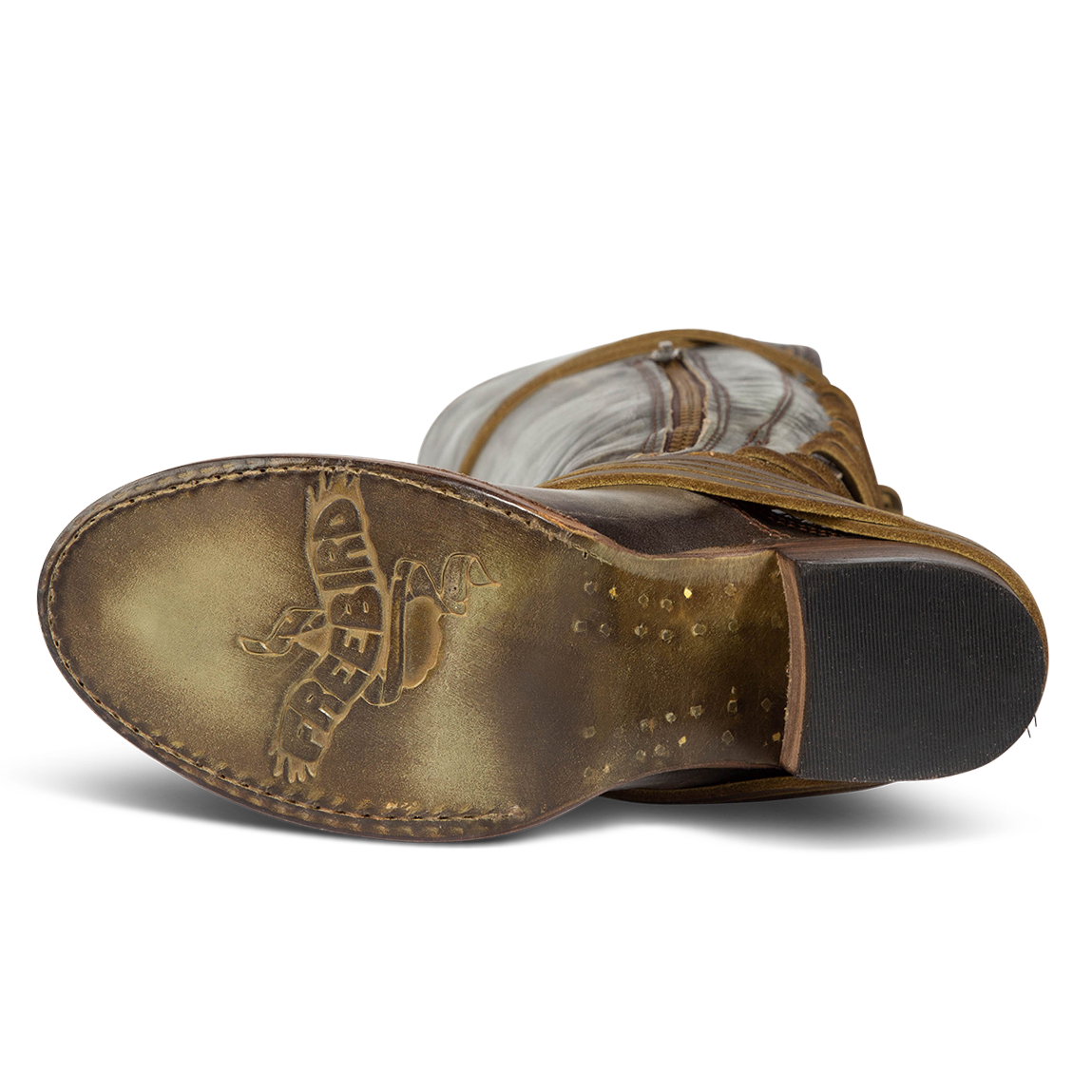 Leather sole imprinted with FREEBIRD on women's Coal green snake multi leather boot