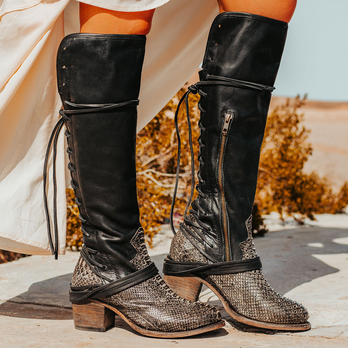 Grey Python Multi COAL tall leather boots with a back lace-up design, adjustable wide calf, and chunky heel.