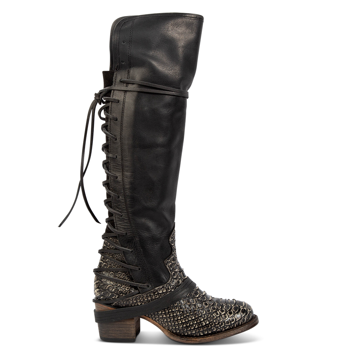 FREEBIRD women's Coal grey python leather knee high adjustable back lacing boot