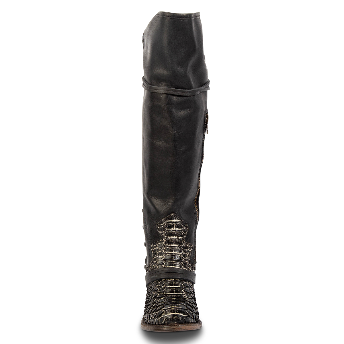 Front view showing shaft stitch detailing and wrap around lacing on FREEBIRD women's Coal grey python leather tall boot