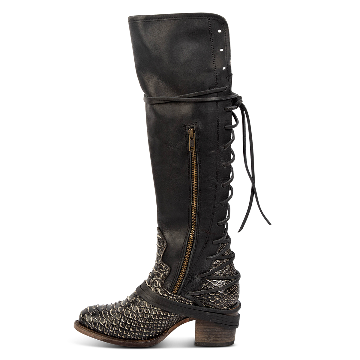 Inside view showing working brass zip closure and adjustable wrap around laces on FREEBIRD women's Coal grey python leather tall boot