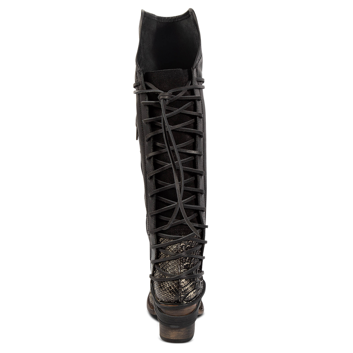 Back view showing expandable panel with adjustable leather lacing on FREEBIRD women's Coal grey python leather tall boot