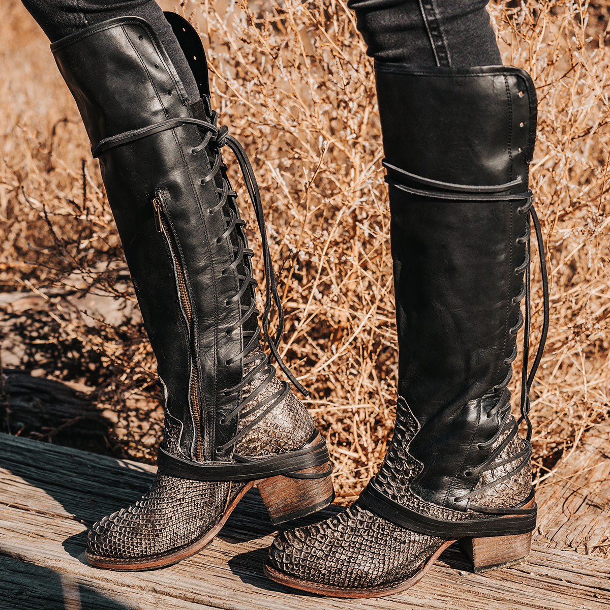 FREEBIRD women's Coal grey python leather knee high adjustable back lacing boot