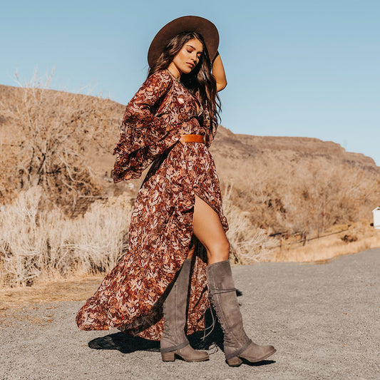 FREEBIRD women’s Coal grey suede leather knee high adjustable back lacing boot lifestyle image