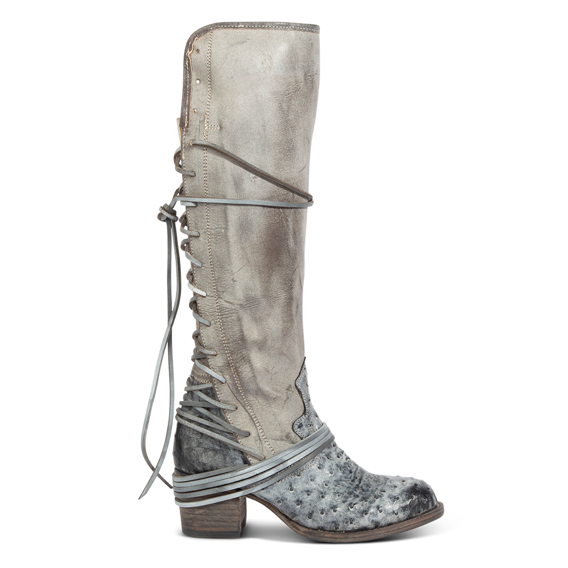 FREEBIRD women's Coal ice ostrich knee high adjustable back lacing boot
