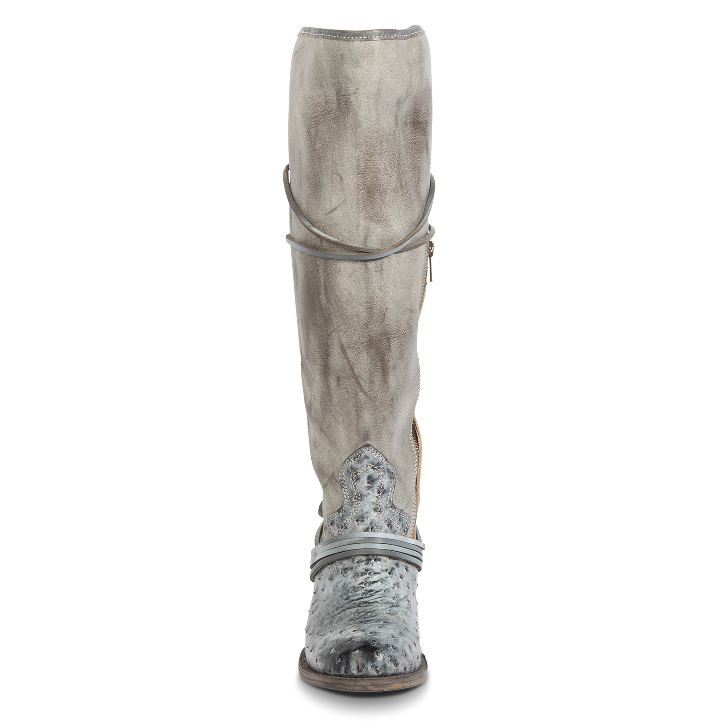 Front view showing shaft stitch detailing and wrap around lacing on FREEBIRD women's Coal ice ostrich tall boot