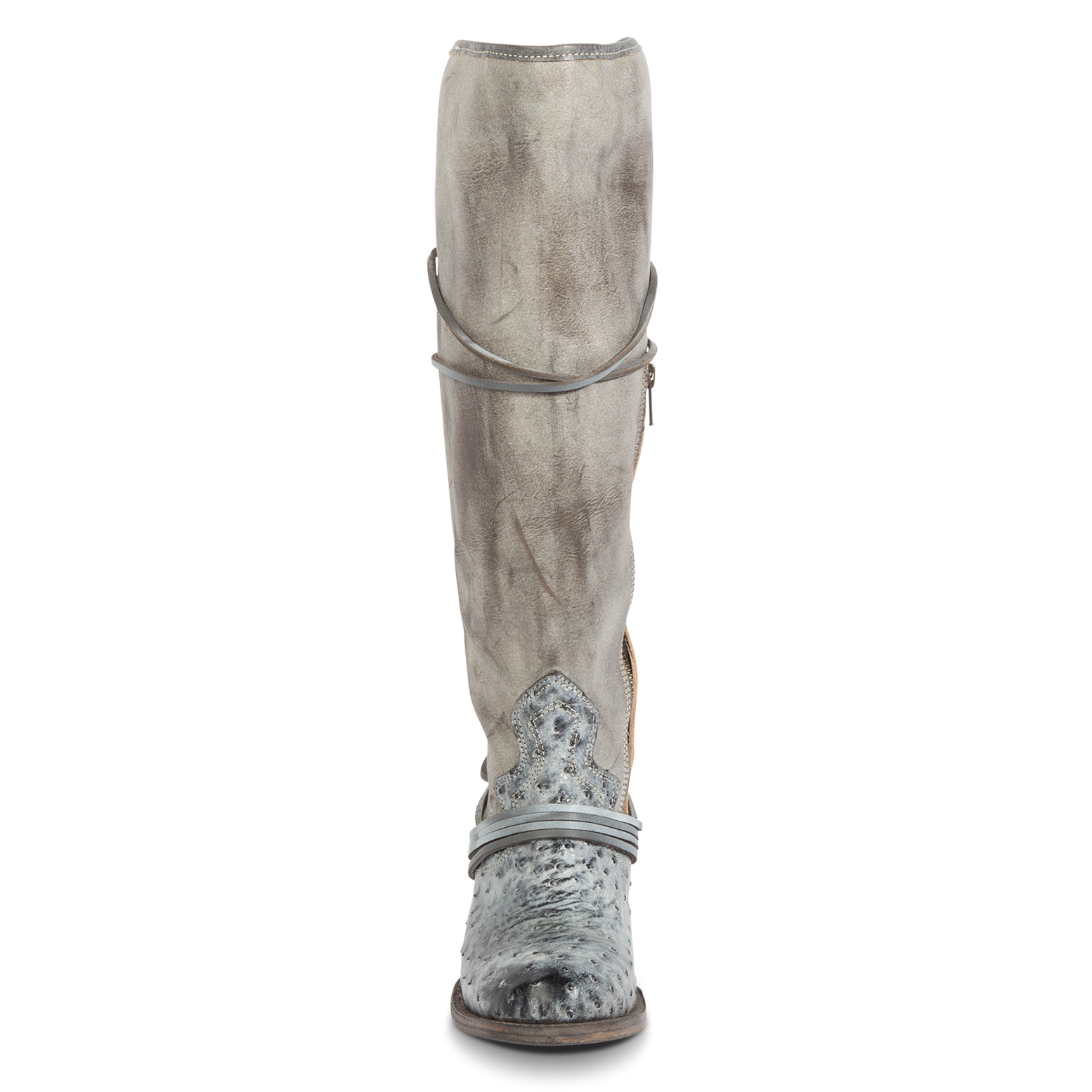 Front view showing shaft stitch detailing and wrap around lacing on FREEBIRD women's Coal ice ostrich tall boot