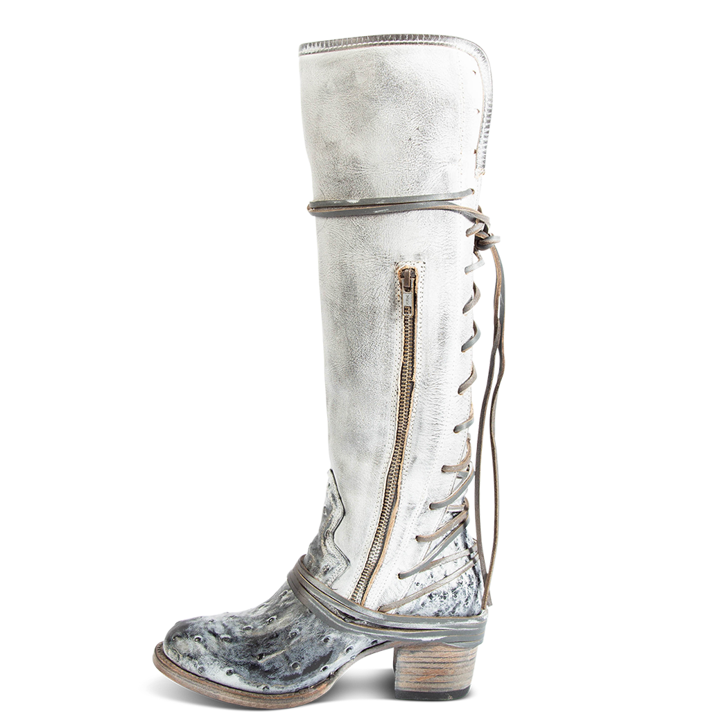 Inside view showing working brass zip closure and adjustable wrap around laces on FREEBIRD women's Coal ice ostrich tall boot