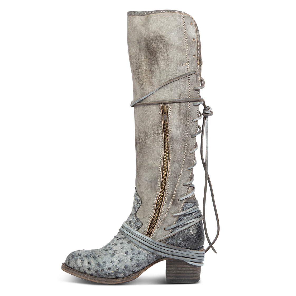 Inside view showing working brass zip closure and adjustable wrap around laces on FREEBIRD women's Coal ice ostrich  tall boot