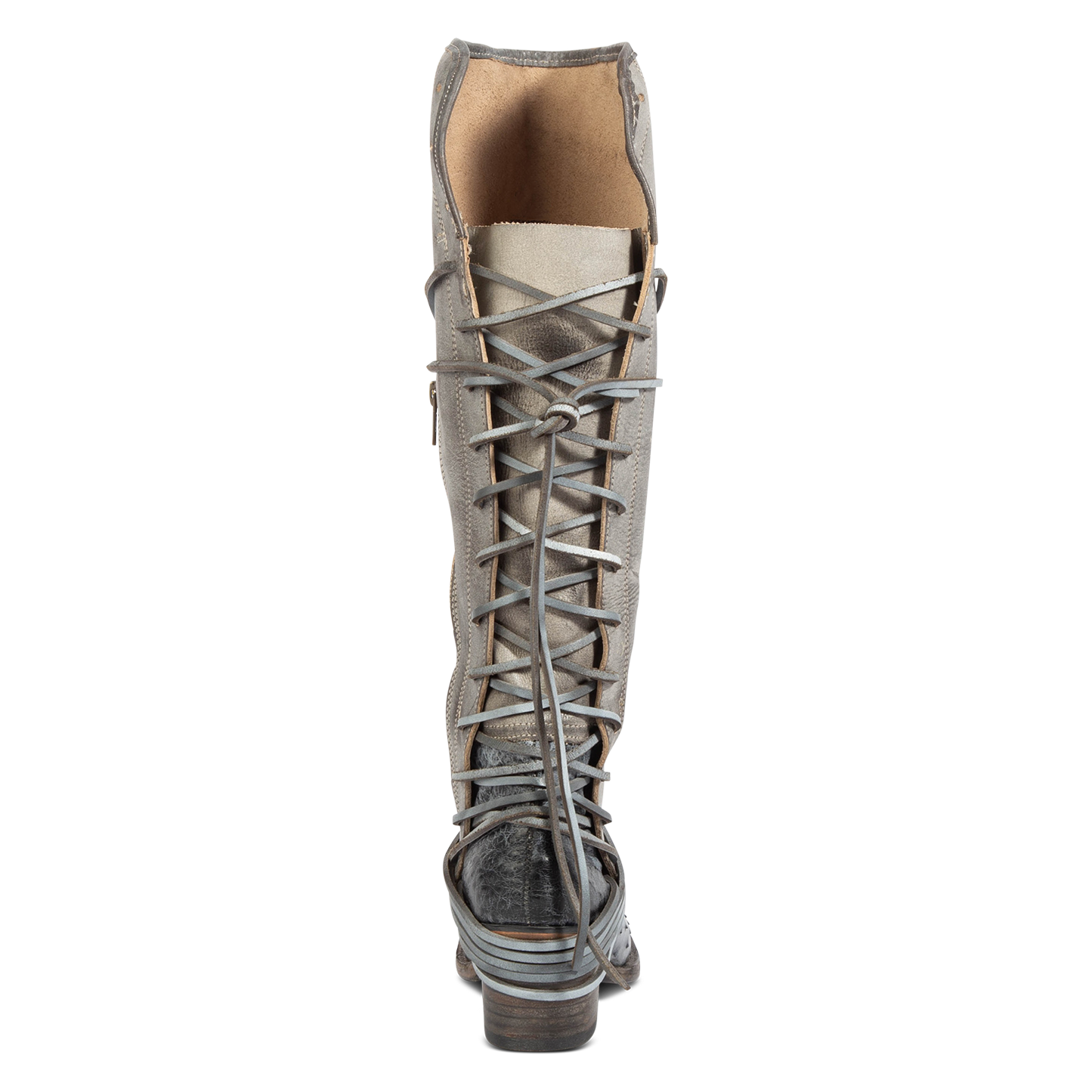 Back view showing expandable panel with adjustable leather lacing on FREEBIRD women's Coal ice ostrich tall boot