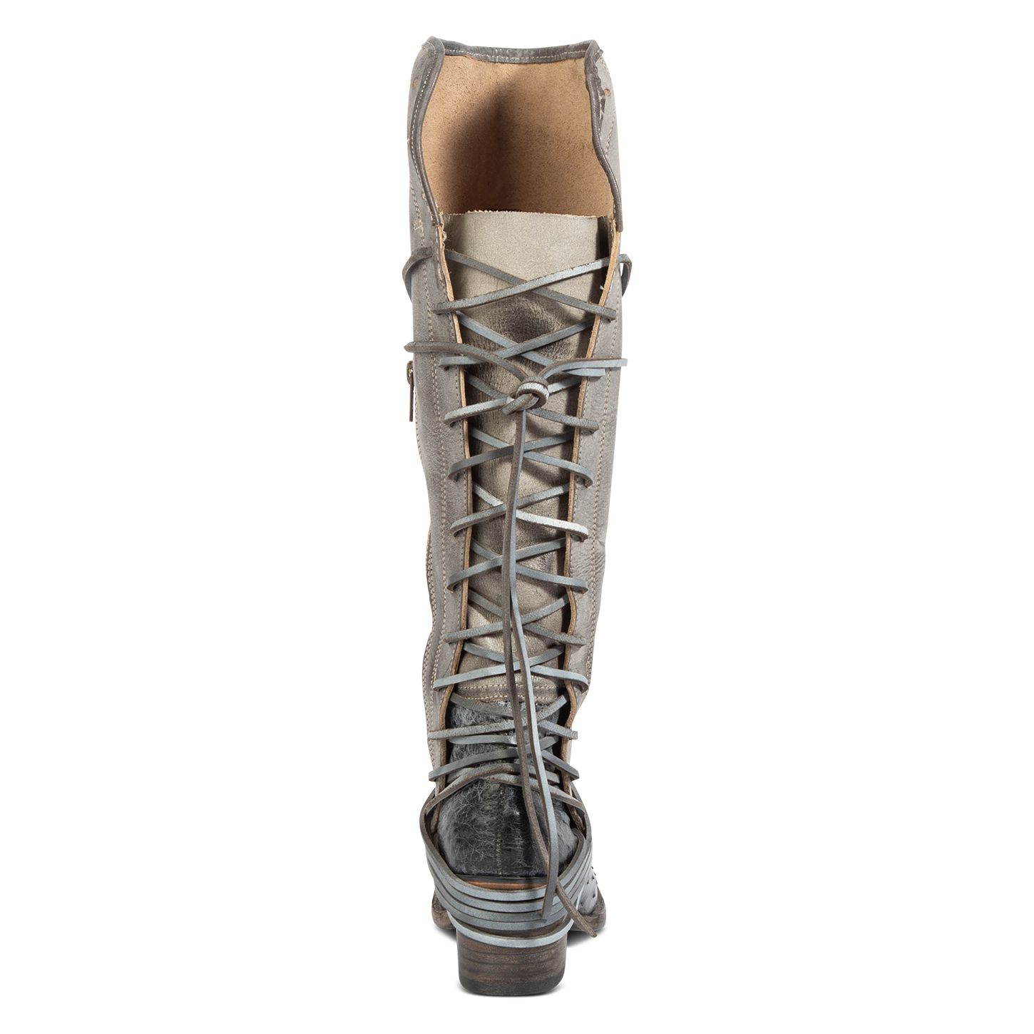 Back view showing expandable panel with adjustable leather lacing on FREEBIRD women's Coal ice ostrich tall boot