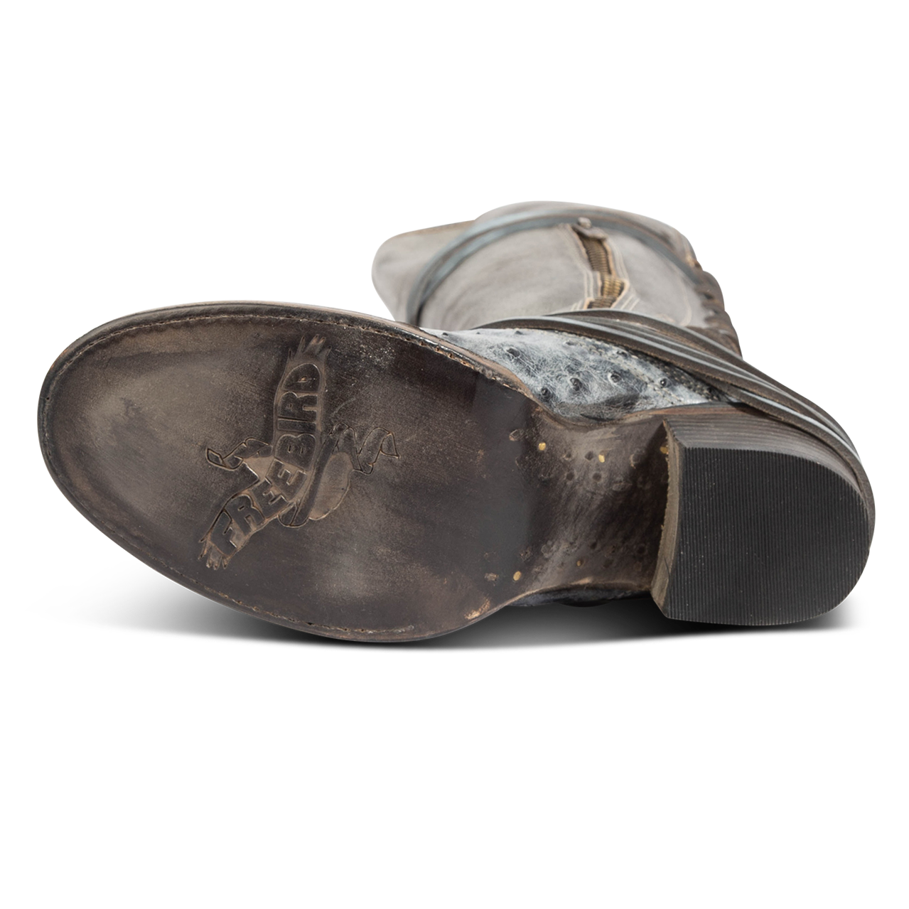 Leather sole imprinted with FREEBIRD on women's Coal ice ostrich tall boot