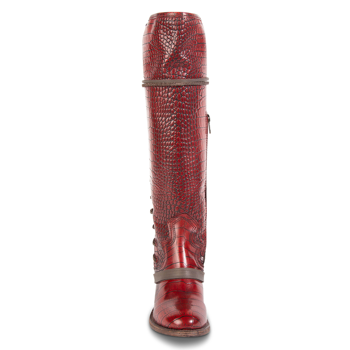 Front view showing shaft stitch detailing and wrap around lacing on FREEBIRD women's Coal red croco embossed leather tall boot 