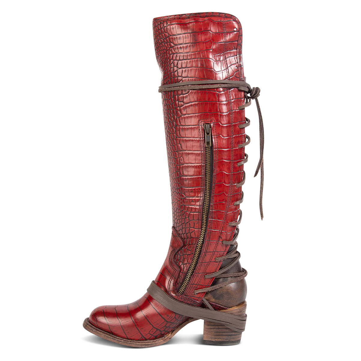 Inside view showing working brass zip closure and adjustable wrap around laces on FREEBIRD women's Coal red croco embossed leather tall boot 