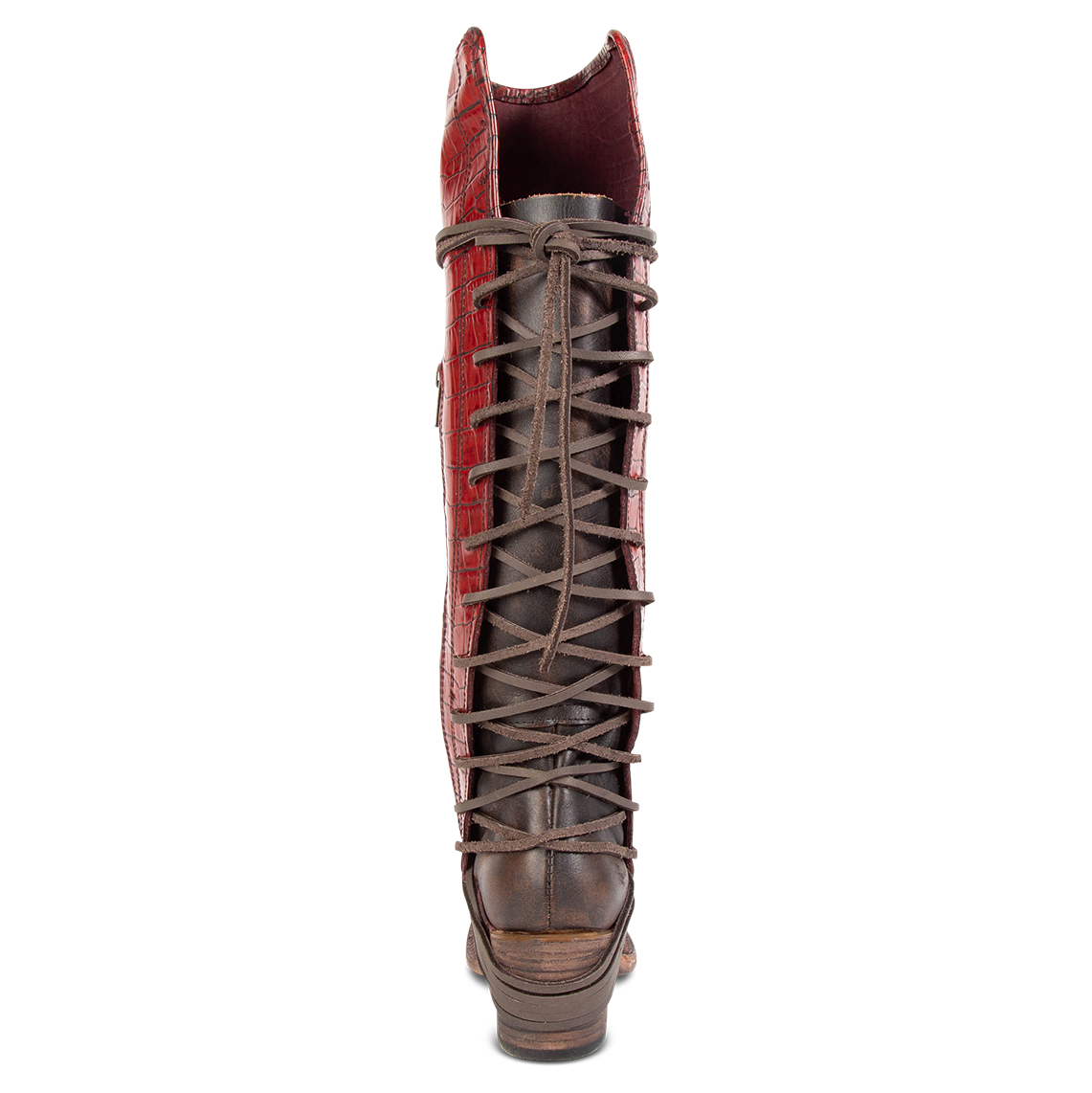 Back view showing expandable panel with adjustable leather lacing on FREEBIRD women's Coal red croco embossed leather tall boot 