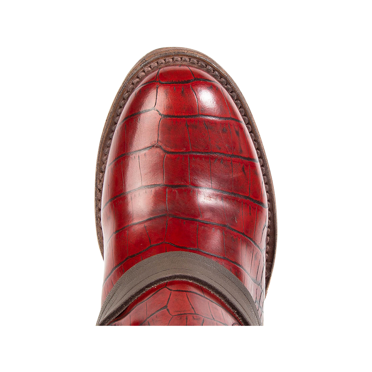Top view showing round toe and leather ankle lacing on FREEBIRD women's Coal red croco embossed leather tall boot