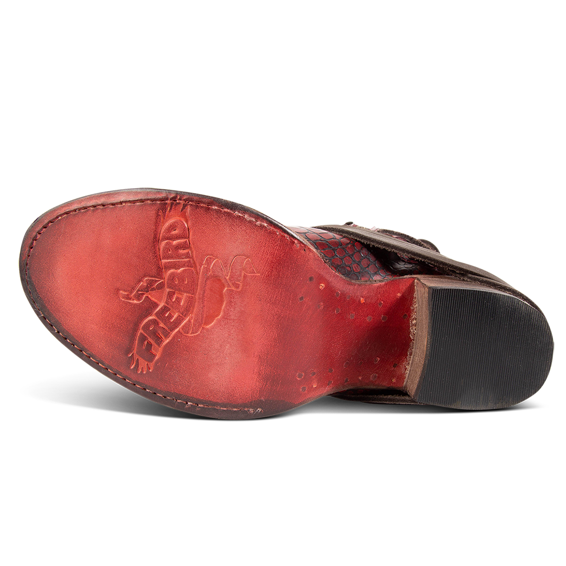 Leather sole imprinted with FREEBIRD on women's Coal red croco embossed leather tall boot 