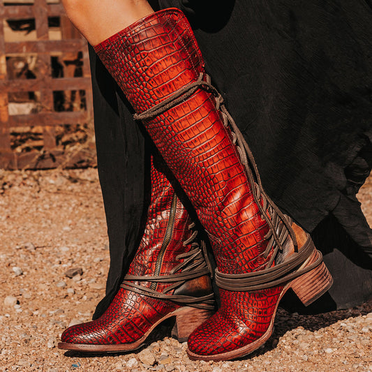 FREEBIRD women’s Coal red croco embossed leather knee high adjustable back lacing boot