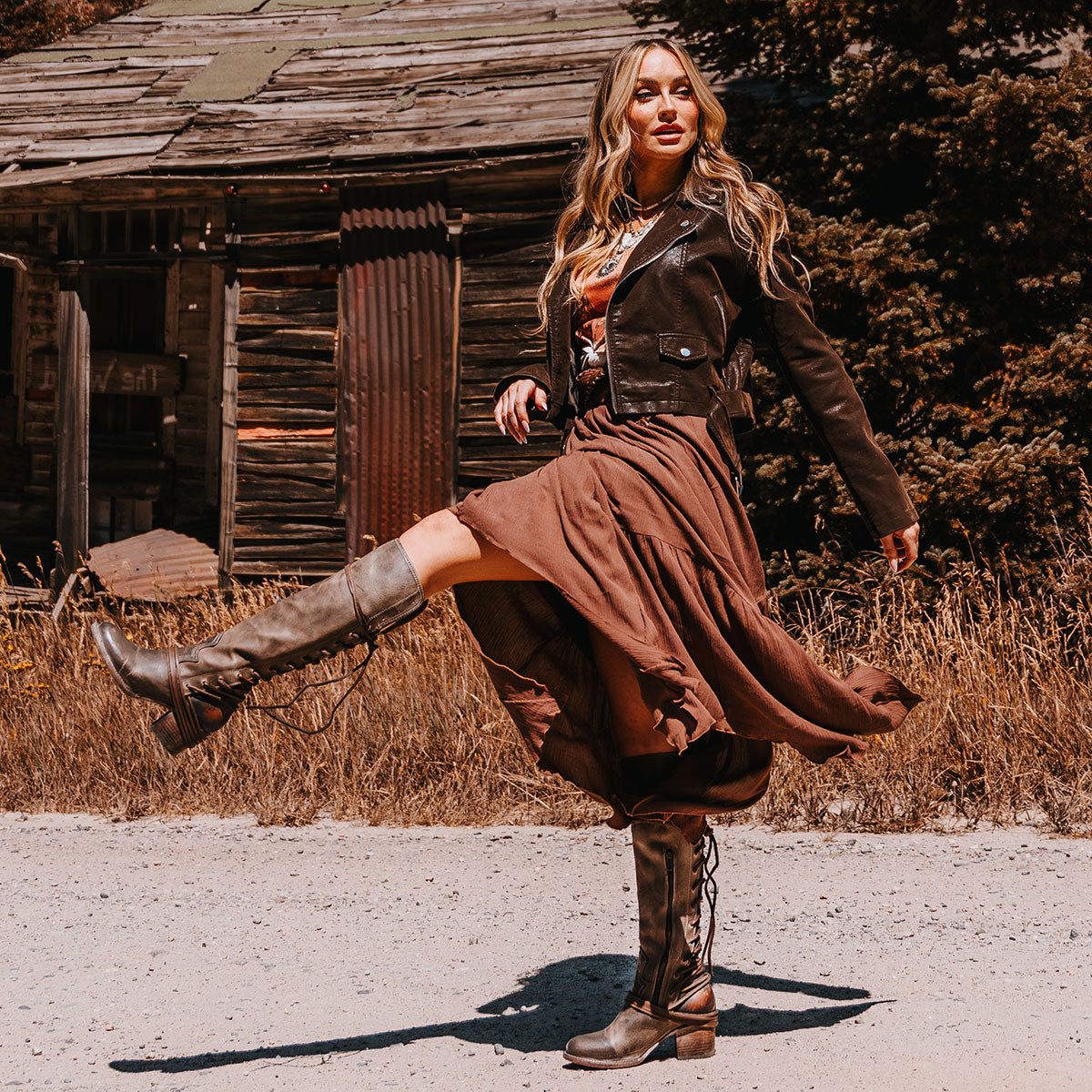 FREEBIRD women’s Coal stone leather knee high adjustable back lacing boot  lifestyle image