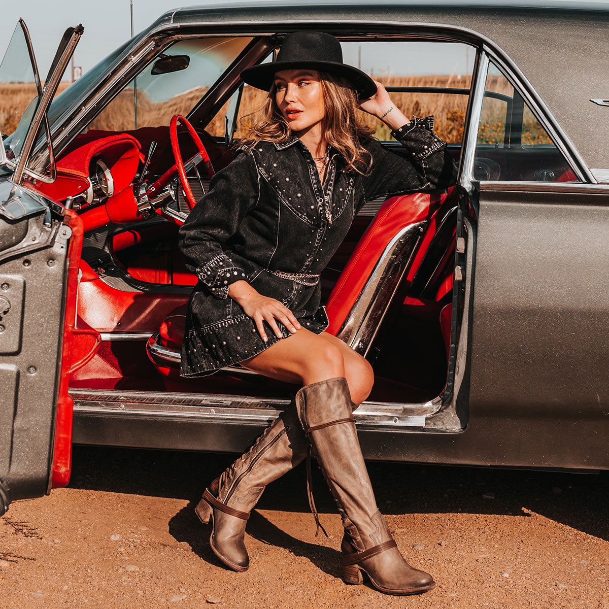 FREEBIRD women’s Coal stone leather knee high adjustable back lacing boot lifestyle image