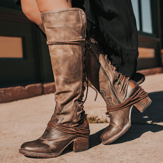 FREEBIRD women’s Coal stone leather knee high adjustable back lacing boot 