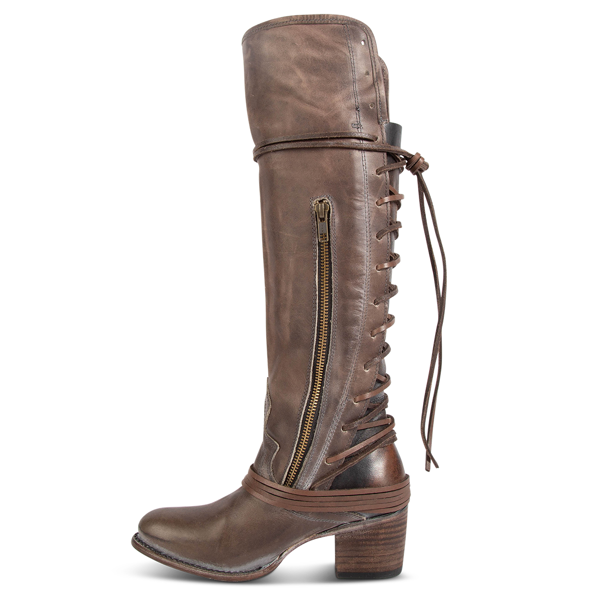 Inside view showing working brass zip closure and adjustable wrap around laces on FREEBIRD women's Coal stone tall boot