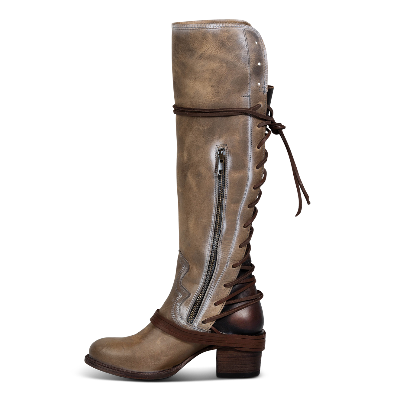 Inside view showing working brass zip closure and adjustable wrap around laces on FREEBIRD women's Coal stone tall boot