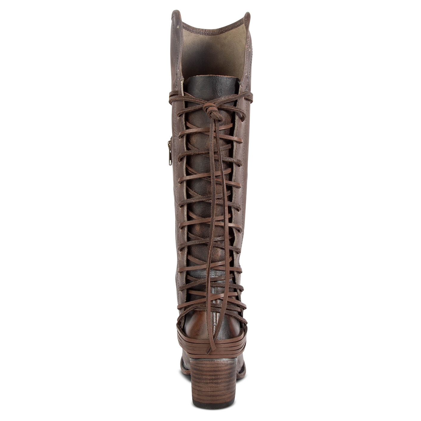 Back view showing expandable panel with adjustable leather lacing on FREEBIRD women's Coal stone tall boot