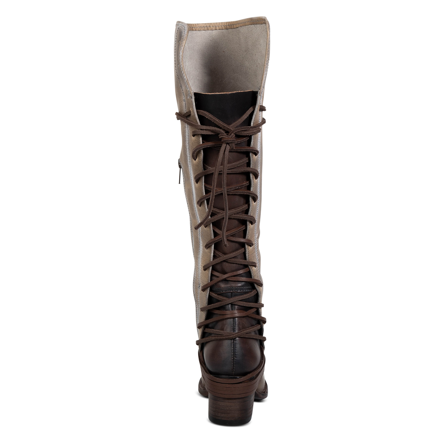 Back view showing expandable panel with adjustable leather lacing on FREEBIRD women's Coal stone tall boot