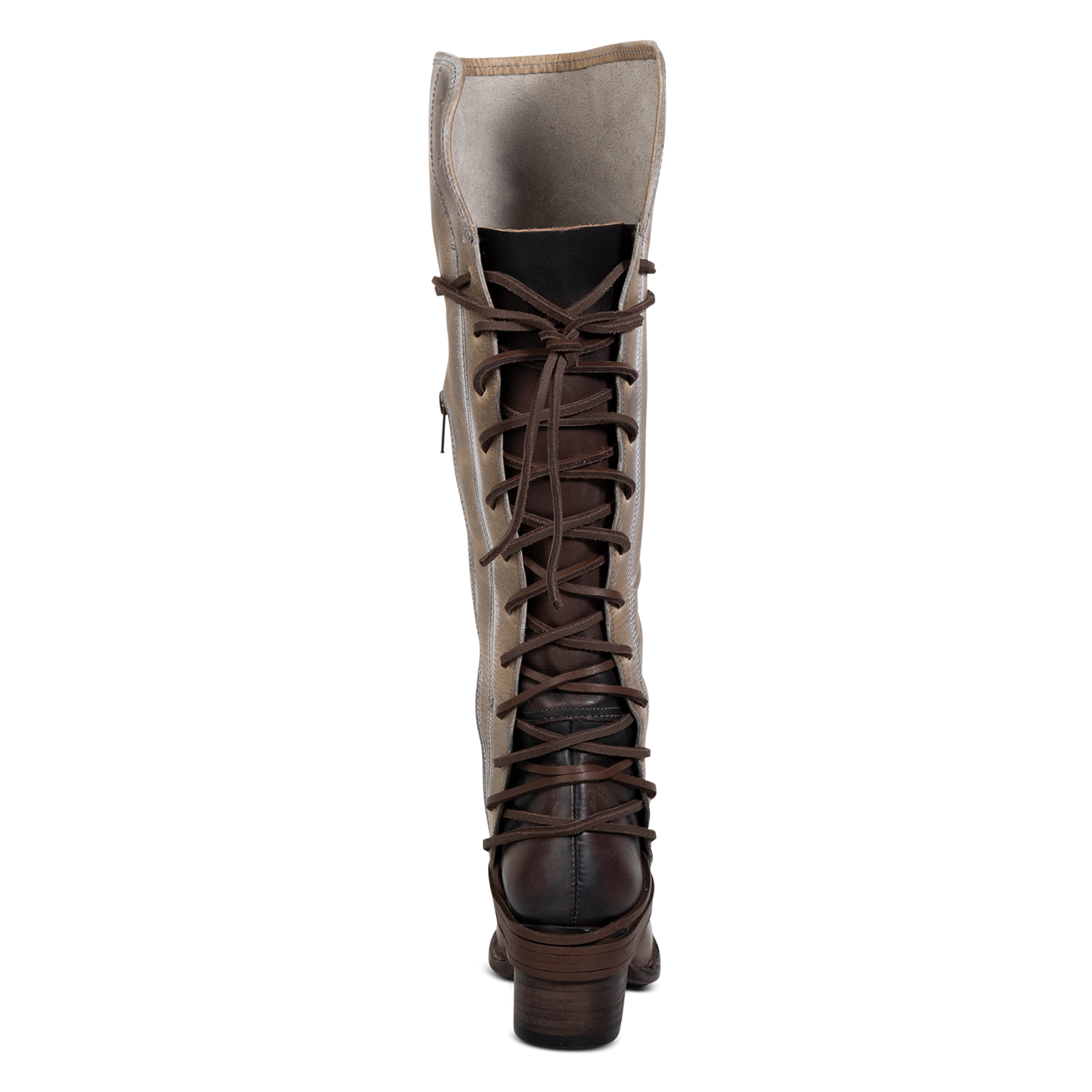 Back view showing expandable panel with adjustable leather lacing on FREEBIRD women's Coal stone tall boot