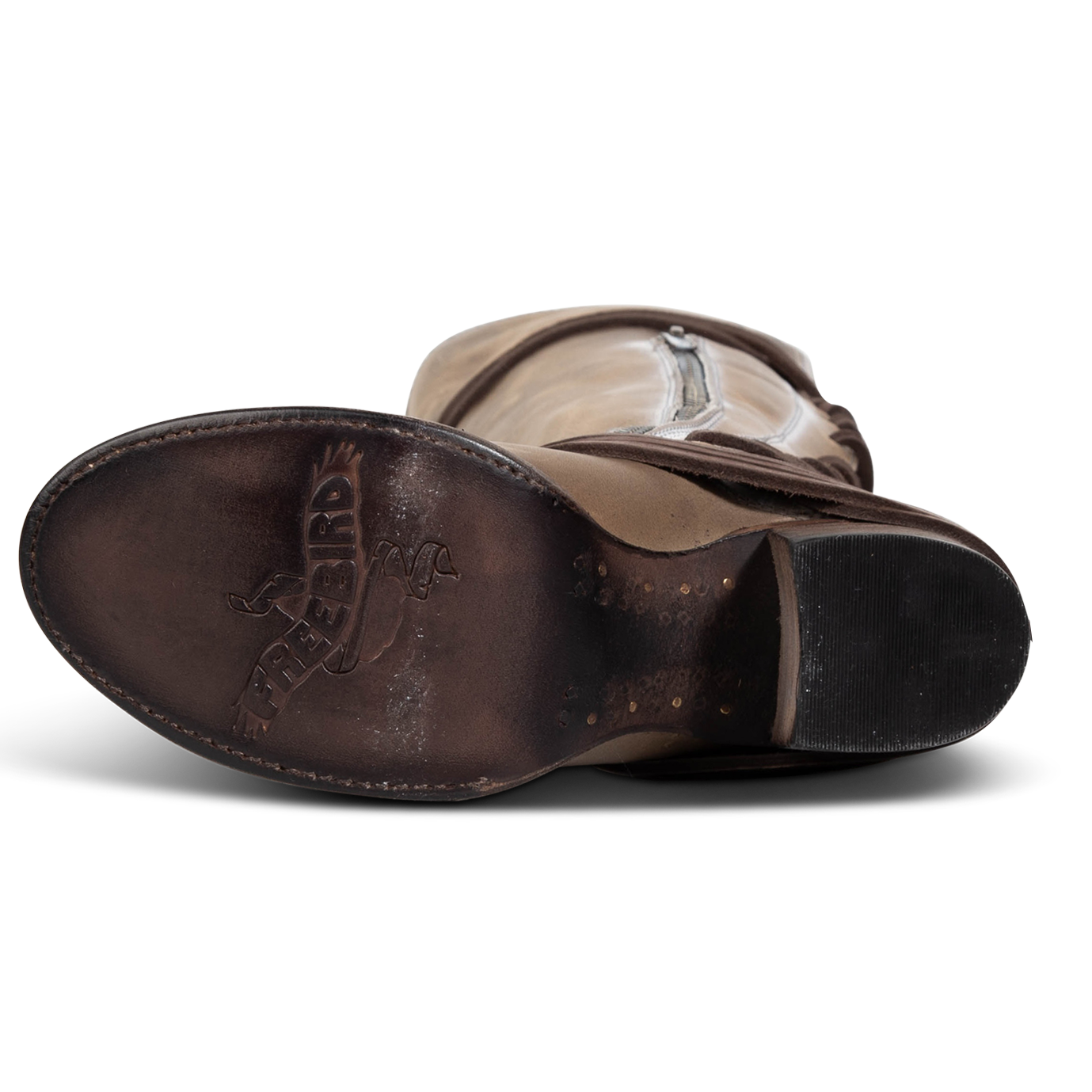 Leather sole imprinted with FREEBIRD on women's Coal stone leather boot