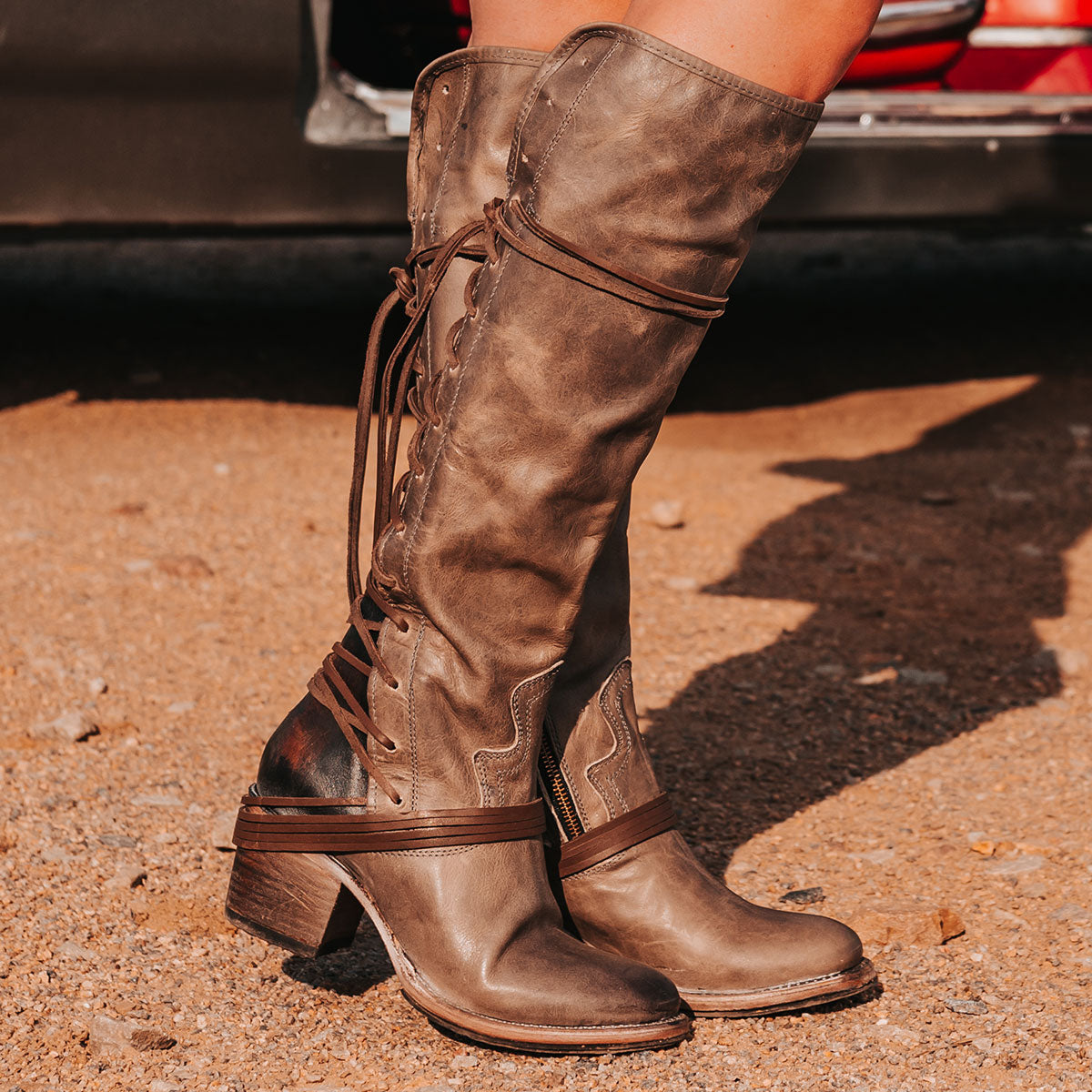 FREEBIRD women’s Coal stone leather knee high adjustable back lacing boot