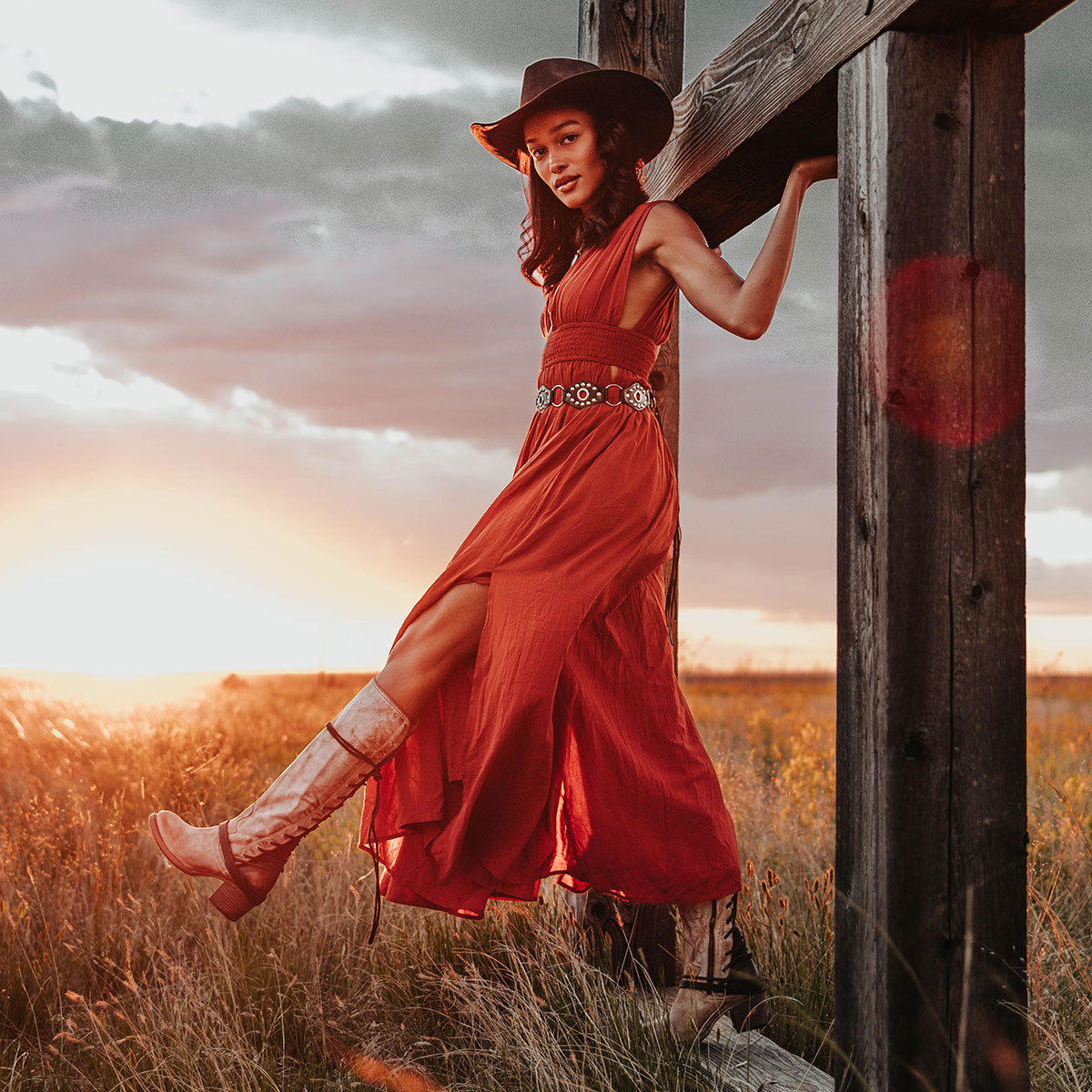 FREEBIRD women’s Coal taupe knee high adjustable back lacing boot lifestyle image