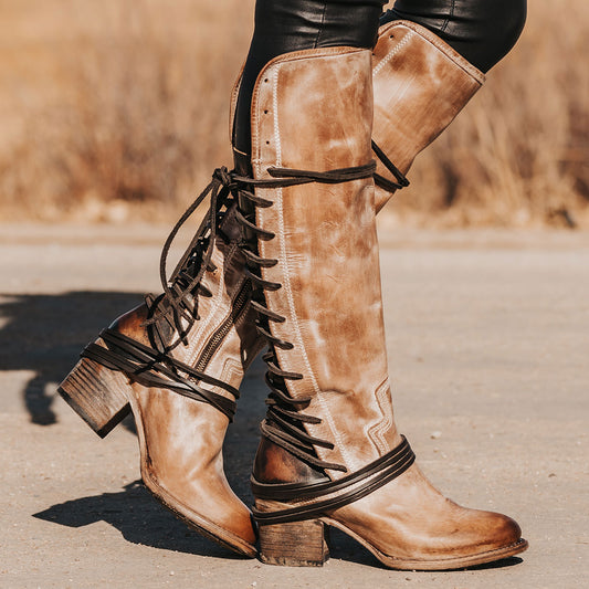 FREEBIRD women’s Coal taupe knee high adjustable back lacing boot