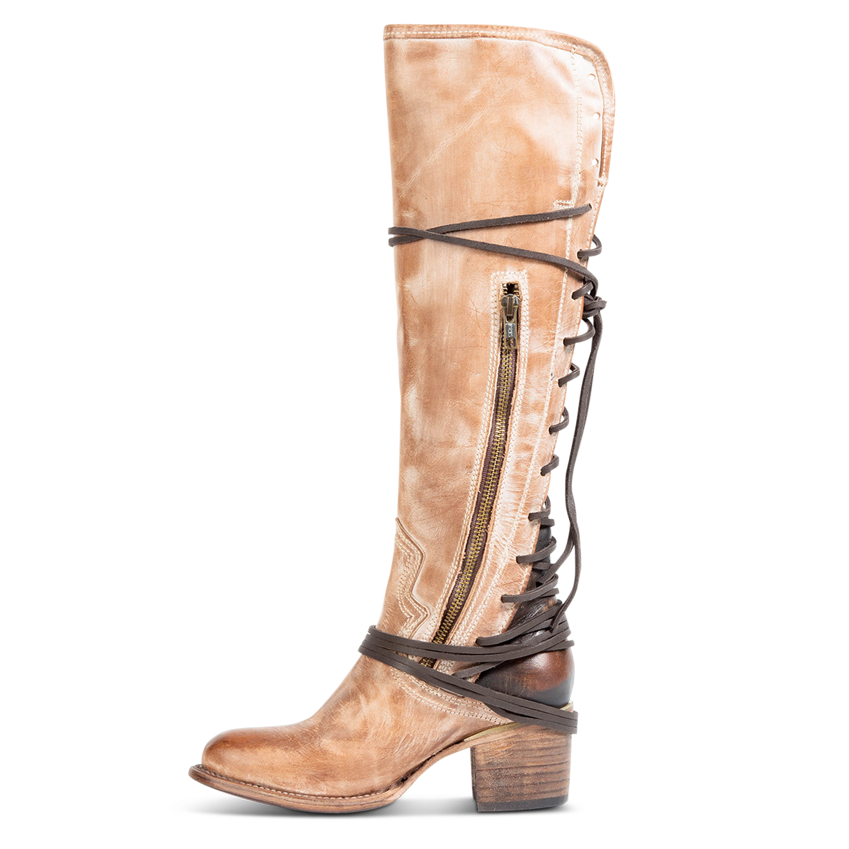 Inside view showing working brass zip closure and adjustable wrap around laces on FREEBIRD women's Coal taupe tall boot