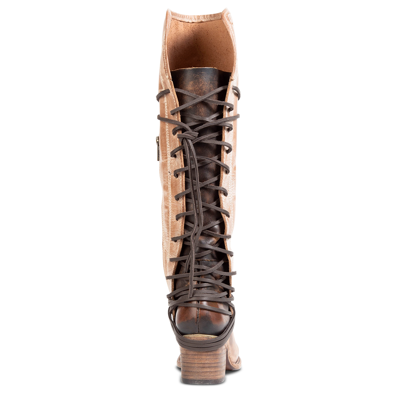 Back view showing expandable panel with adjustable leather lacing on FREEBIRD women's Coal taupe tall boot