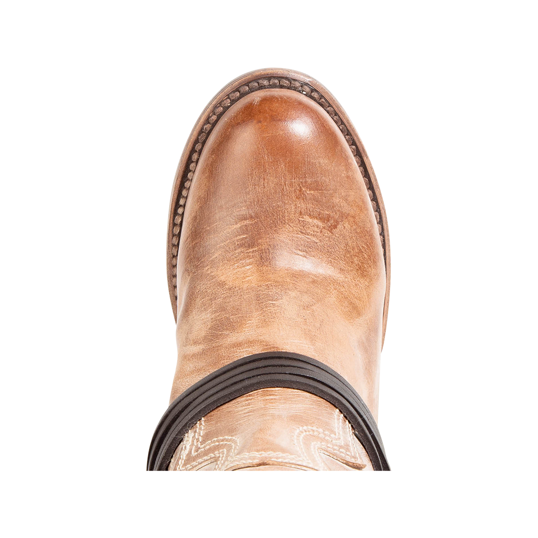 Top view showing round toe and leather ankle lacing on FREEBIRD women's Coal taupe tall boot