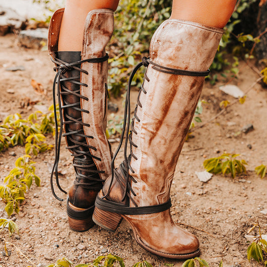 FREEBIRD women’s Coal taupe knee high adjustable back lacing boot