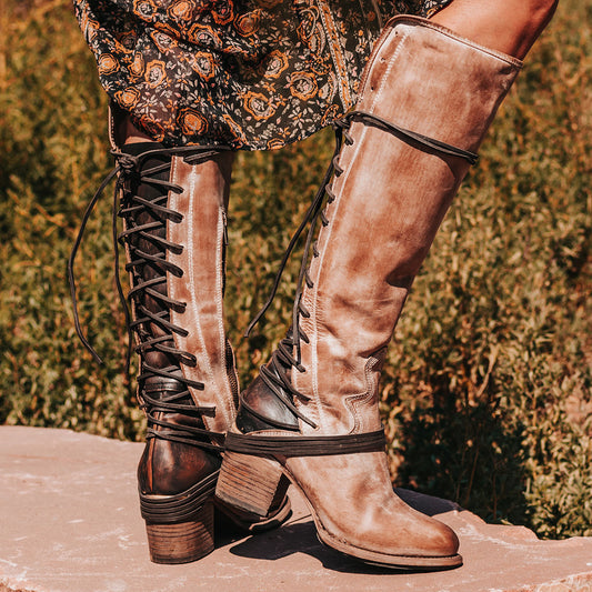 FREEBIRD women’s Coal taupe knee high adjustable back lacing boot