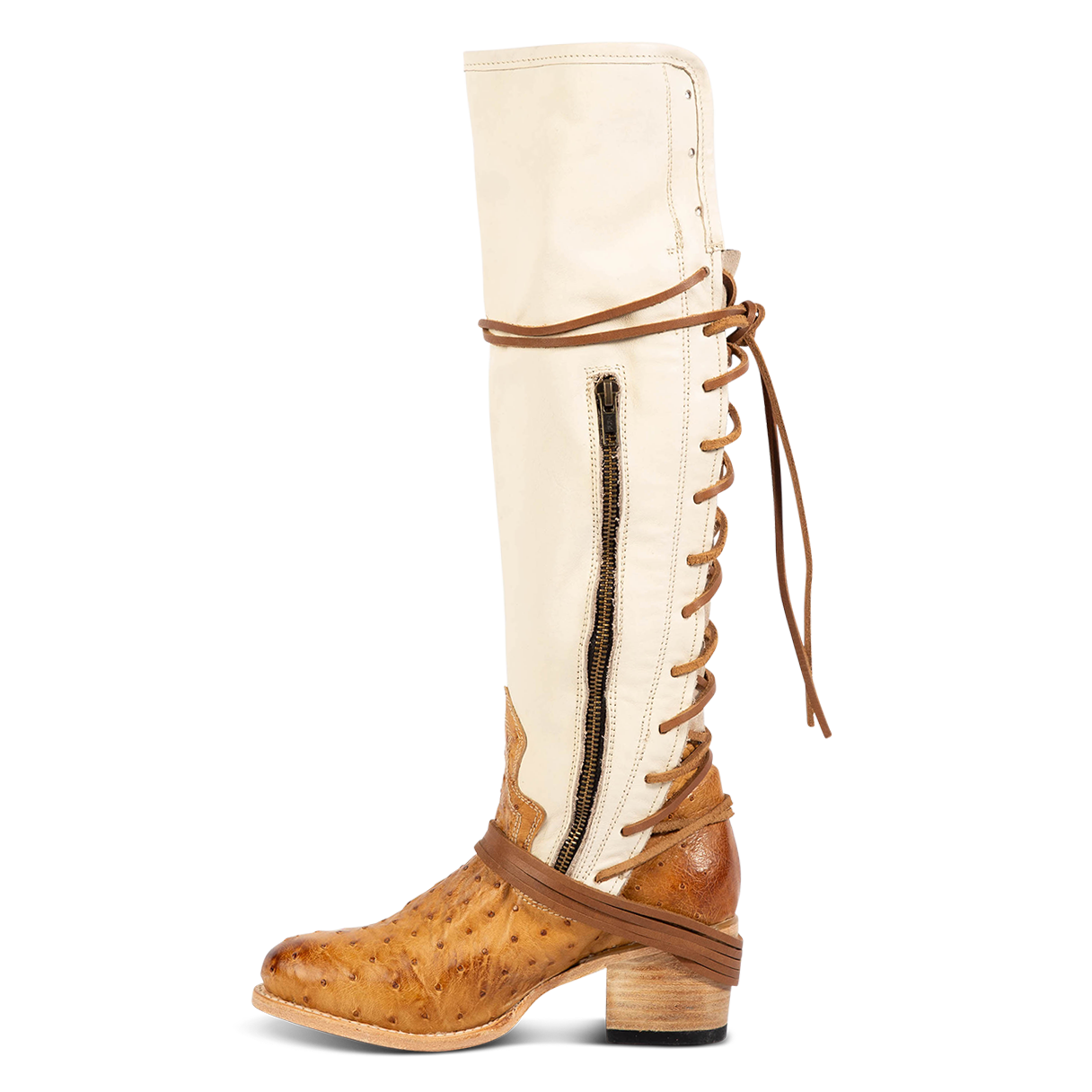 Inside view showing working brass zip closure and adjustable wrap around laces on FREEBIRD women's Coal wheat ostrich tall boot 