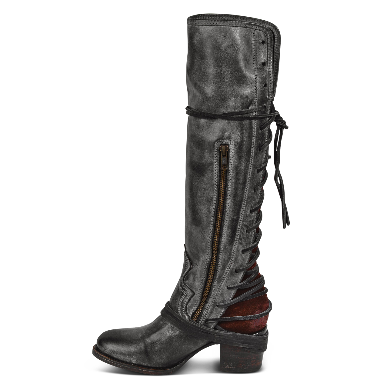 Inside view showing working brass zip closure and adjustable wrap around laces on FREEBIRD women's Coal black  tall boot