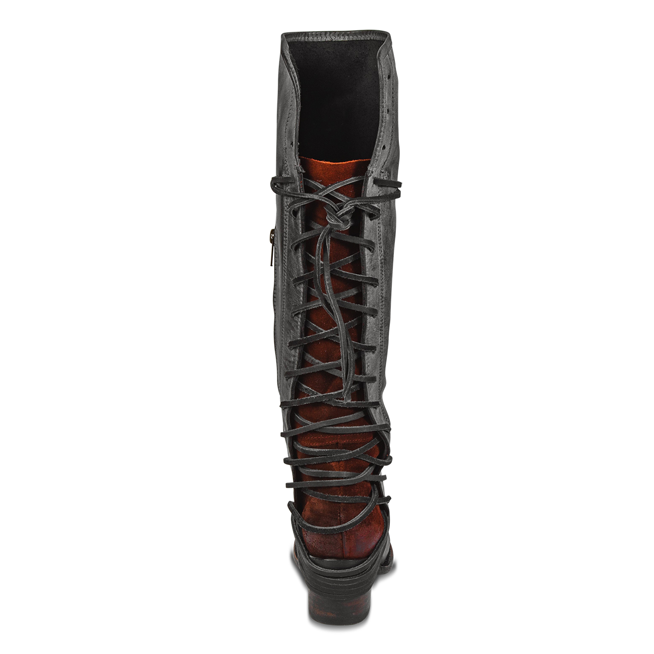 Back view showing expandable panel with adjustable leather lacing on FREEBIRD women's Coal black tall boot