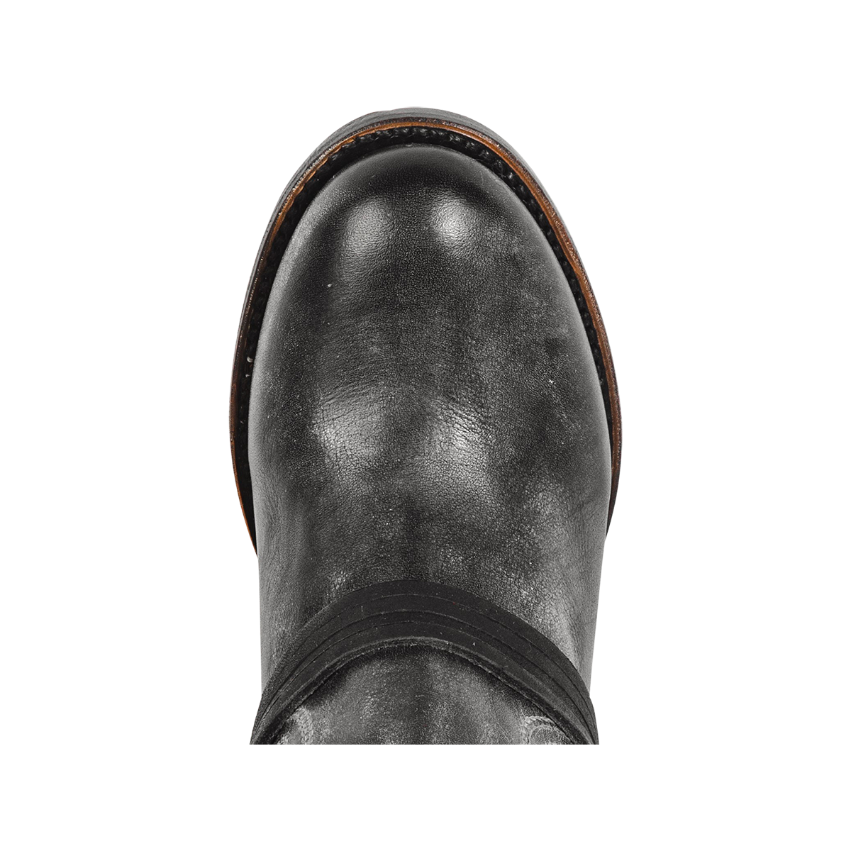 Top view showing round toe and leather ankle lacing on FREEBIRD women's Coal black tall boot