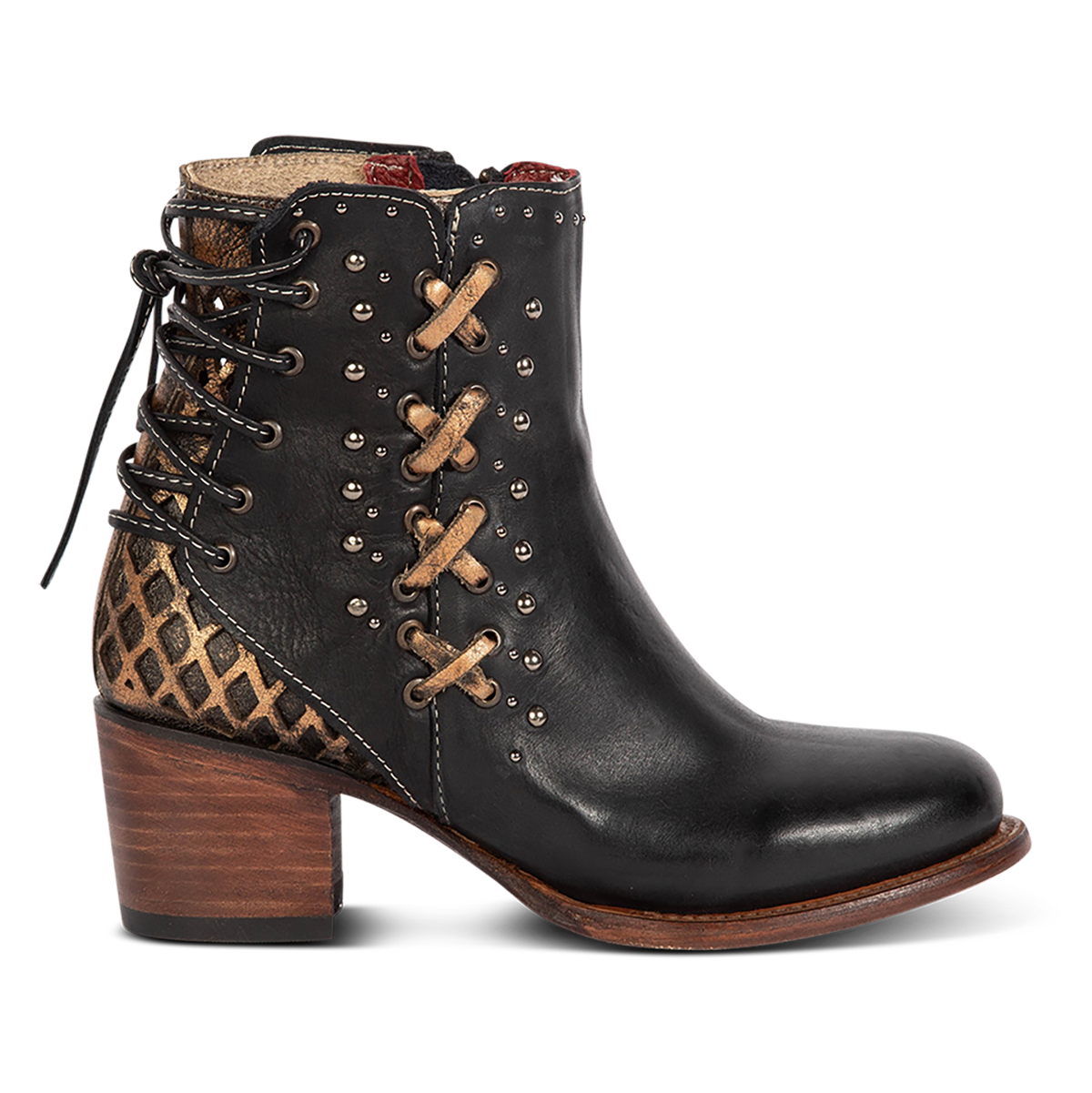 FREEBIRD women's Columbia black two-toned leather bootie with laser cut back panel detailing, adjustable back leather lacing and lifted heel