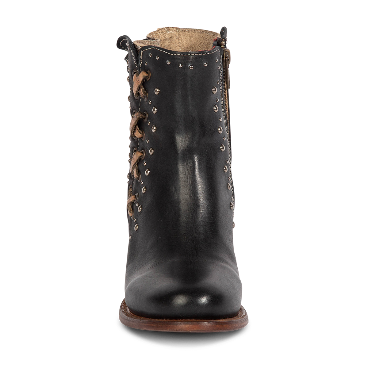Front view showing FREEBIRD women's Columbia black two-toned leather bootie with stud embellishments and round toe construction