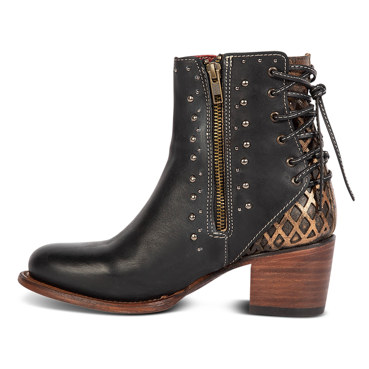 Inside view showing FREEBIRD women's Columbia black two toned leather bootie with laser cut back panel detailing and an inside brass zip closure