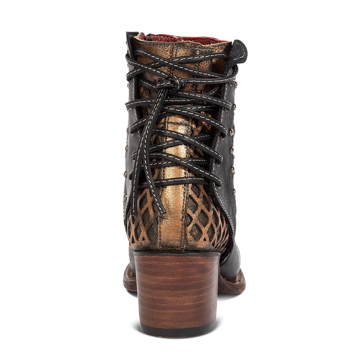 Back view showing adjustable lacing and lifted heel on FREEBIRD women's Columbia black leather two toned bootie